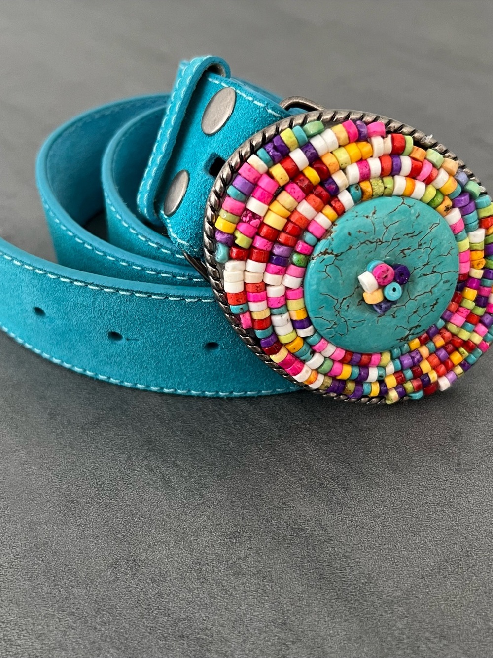 DC Vintage Turquoise Beaded Belt Buckle‎ Leather Women’s Size Medium / Large